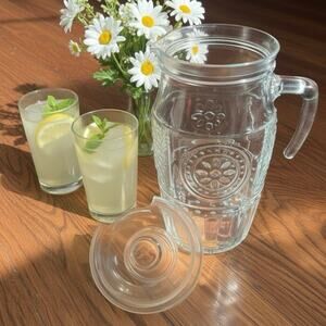 Bormioli Rocco Italian Romantic Glass Carafe Pitcher Daisy Floral Retro Lid